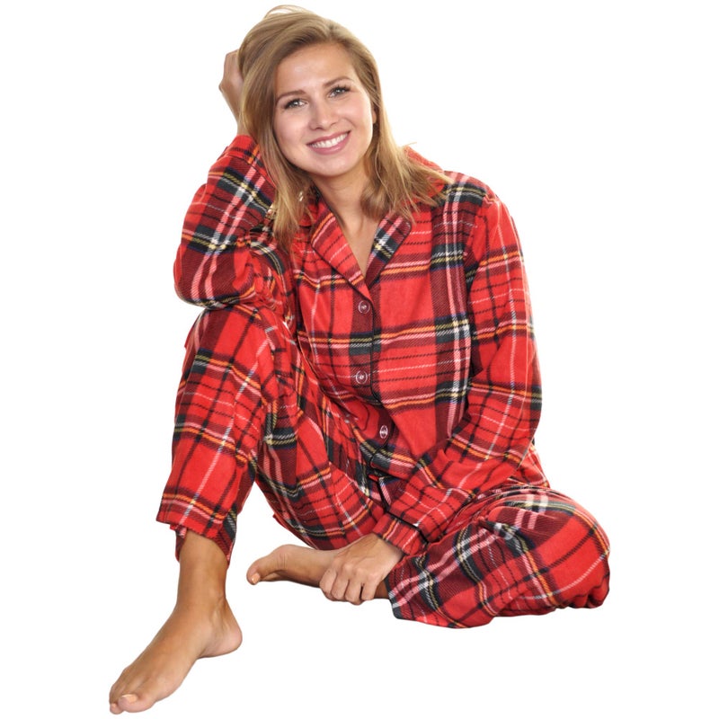 Angelina Women's Pajama Set Cozy Fleece with Notch Collar and Pockets | PJ56_L | Holiday Christmas Plaid - Image 3